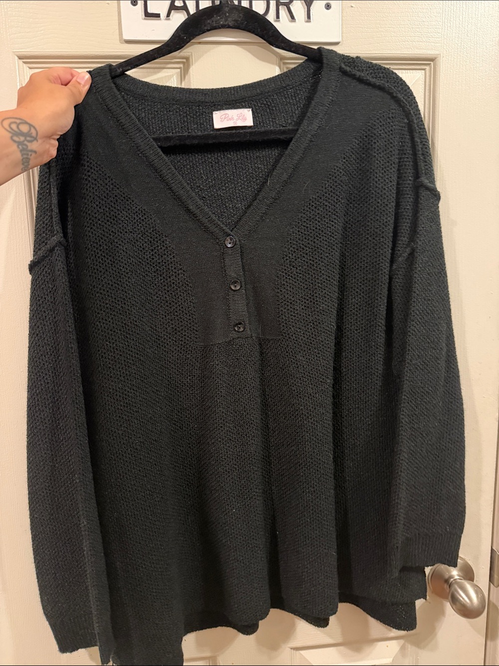 Pink Lily Black V-Neck Henley Knit Sweater